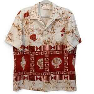 Vintage McInerny Hawaiian Shirt Size L Shell Print Polynesian Tiki Aloha 80s